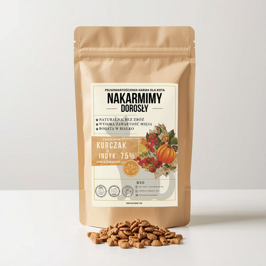 Karma sucha Kot Dorosły NAKARMIMY – Kurczak i Indyk 75% Dynia i Żurawina (1–4.5 kg)