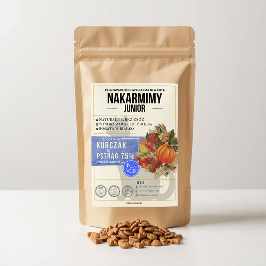 Karma sucha Kot Junior NAKARMIMY – Kurczak i Pstrąg 75% Dynia i Żurawina (1–4.5 kg)