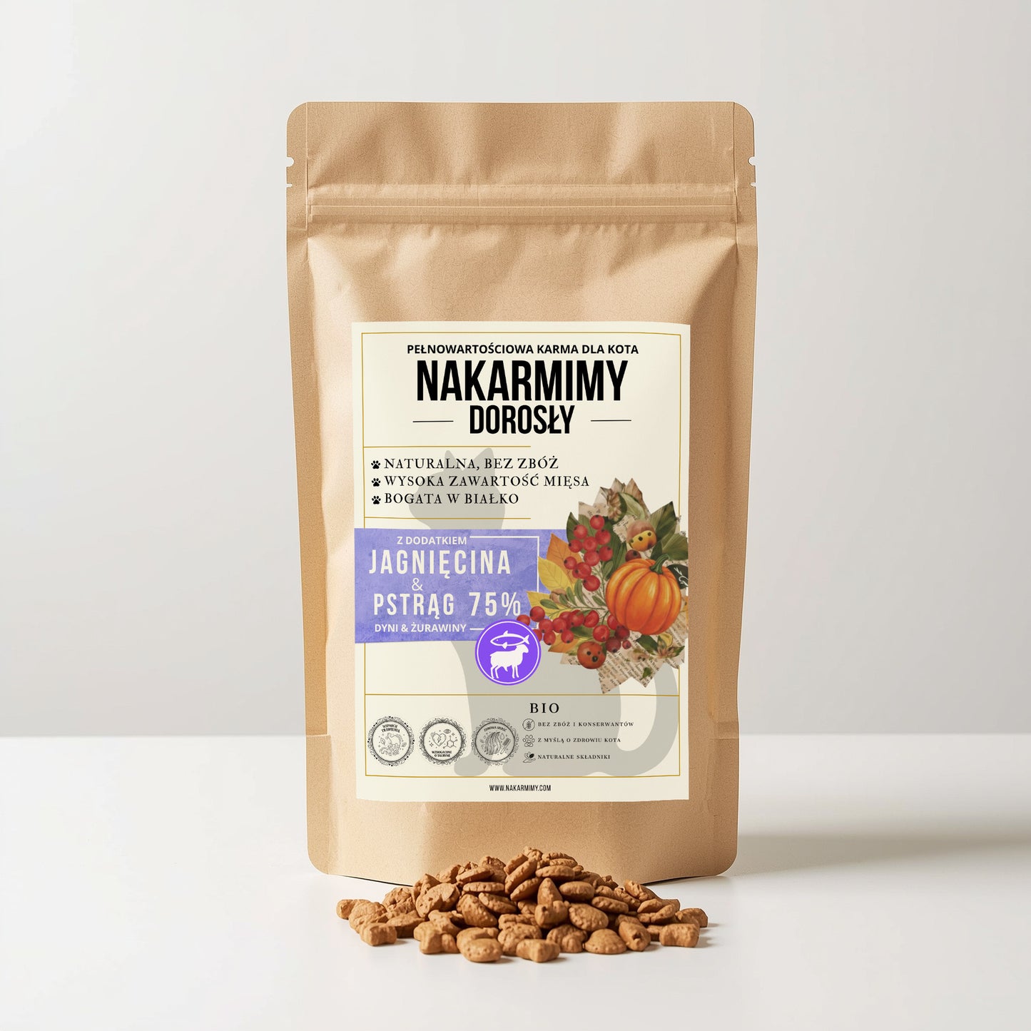 Karma sucha Kot Dorosły NAKARMIMY – Jagnięcina i Pstrąg 75% Dynia i Żurawina (1–4.5 kg)