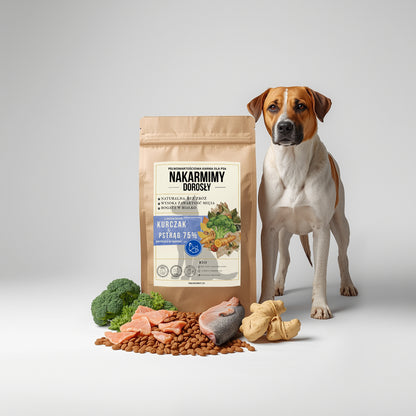 Karma sucha Pies Dorosły NAKARMIMY – Kurczak i Pstrąg 75% Brokuł i Imbir