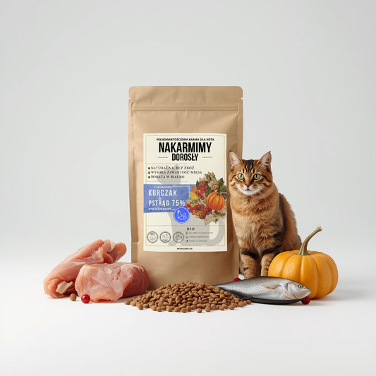 Karma sucha Kot Dorosły NAKARMIMY – Kurczak i Pstrąg 75% Dynia i Żurawina (1–4.5 kg)