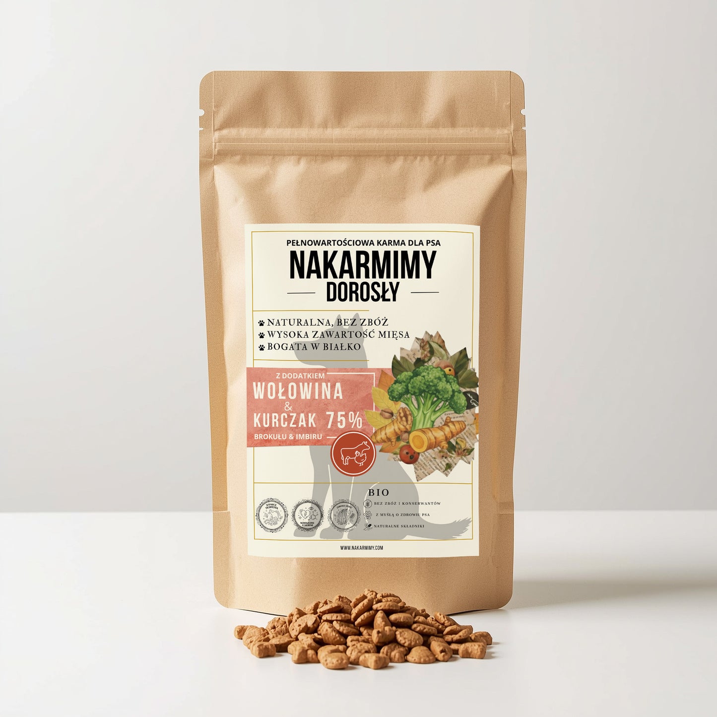 Karma sucha Pies Dorosły NAKARMIMY – Wołowina i Kurczak 75% Brokuł i Imbir