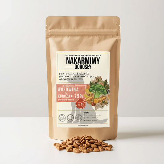Karma sucha Pies Dorosły NAKARMIMY – Wołowina i Kurczak 75% Brokuł i Imbir (1–4.5 kg)