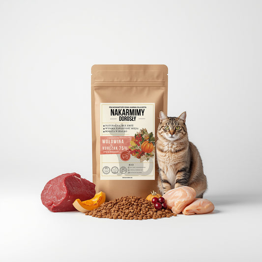 Karma sucha Kot Dorosły NAKARMIMY – Wołowina i Kurczak 75% Dynia i Żurawina (1–4.5 kg)
