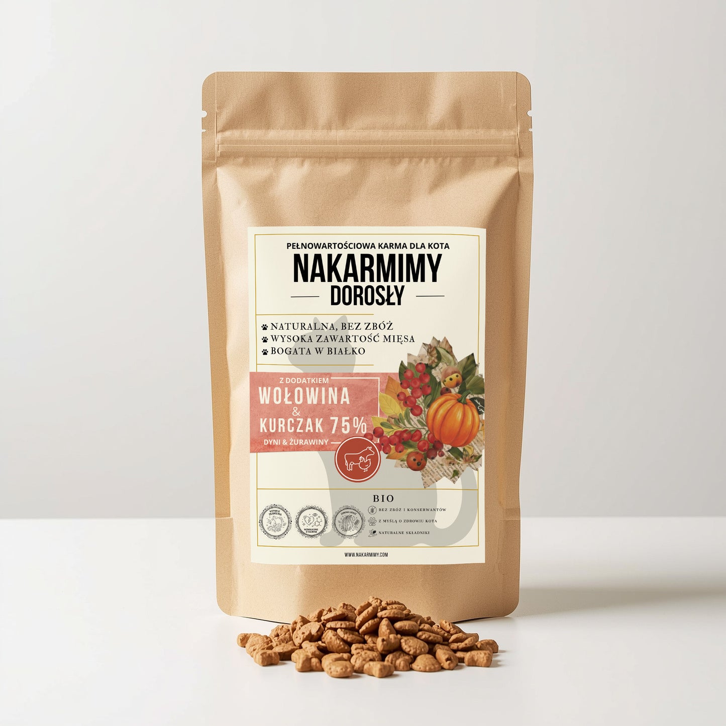 Karma sucha Kot Dorosły NAKARMIMY – Wołowina i Kurczak 75% Dynia i Żurawina