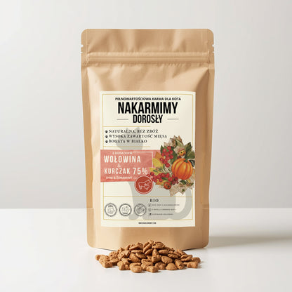 Karma sucha Kot Dorosły NAKARMIMY – Wołowina i Kurczak 75% Dynia i Żurawina