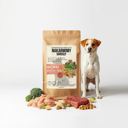 Karma sucha Pies Dorosły NAKARMIMY – Wołowina i Kurczak 75% Brokuł i Imbir