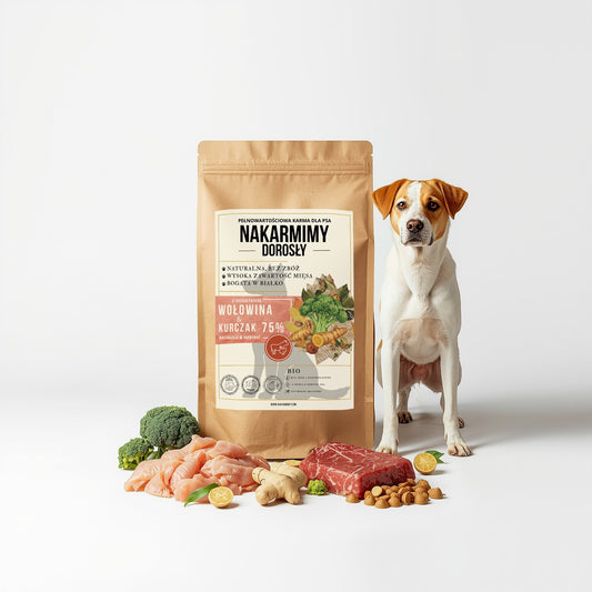 Karma sucha Pies Dorosły NAKARMIMY – Wołowina i Kurczak 75% Brokuł i Imbir (1–4.5 kg)