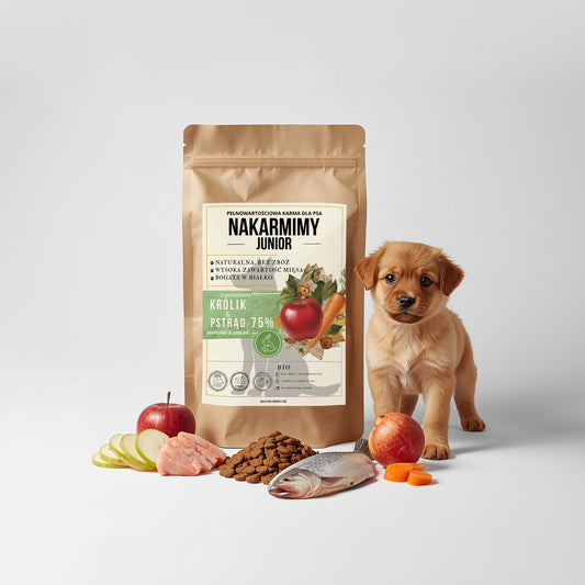 Karma sucha Pies Junior NAKARMIMY – Królik i Pstrąg 75% Jabłko i Marchew (1–4.5 kg)