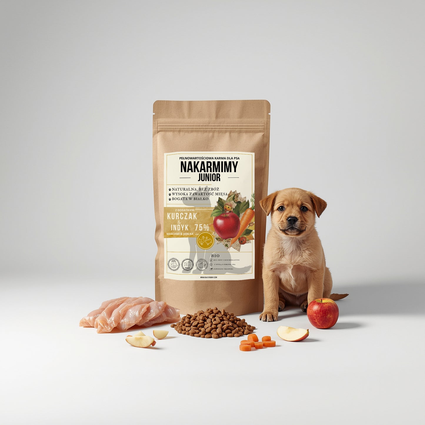 Karma sucha Pies Junior NAKARMIMY – Kurczak i Indyk 75% Jabłko i Marchew