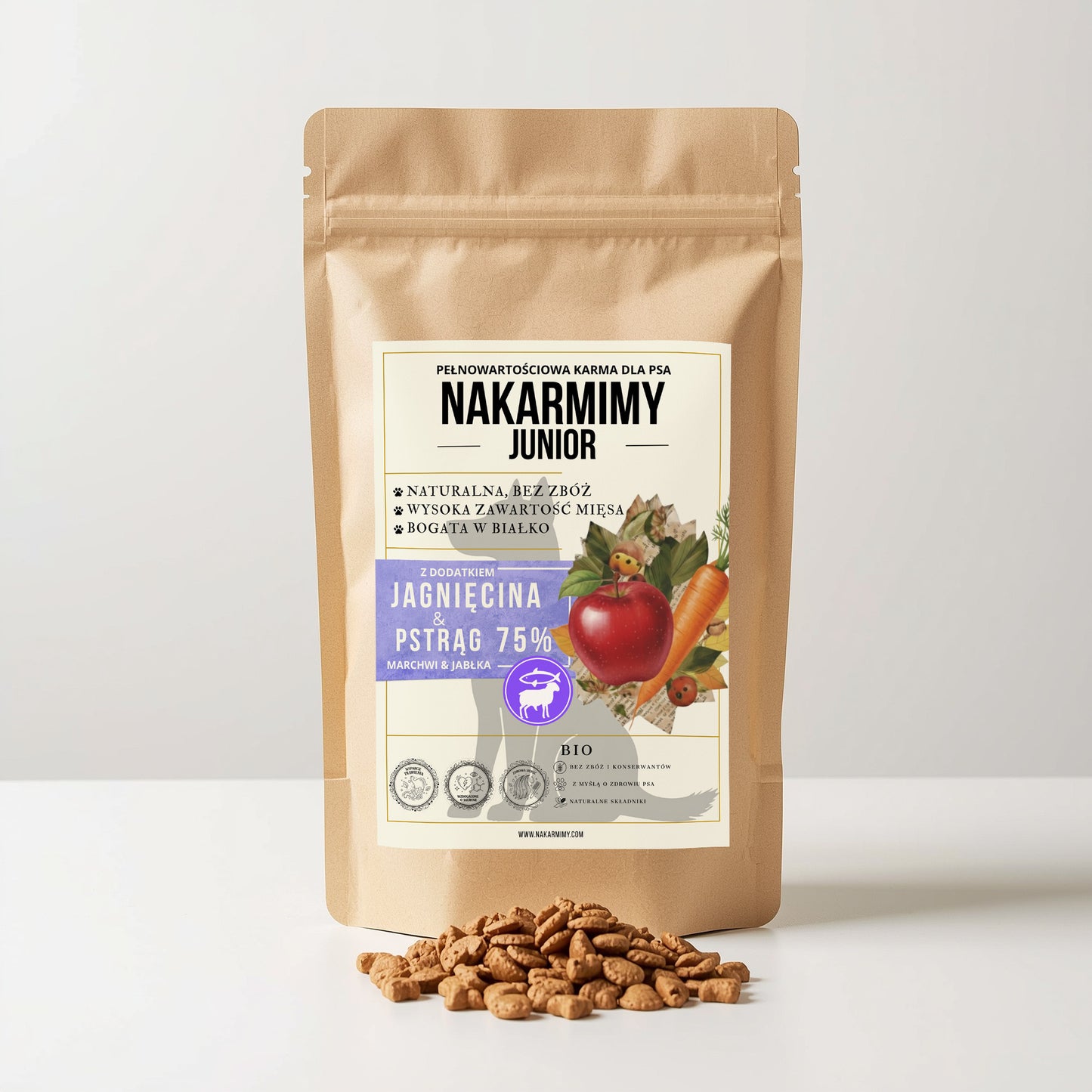 Karma sucha Pies Junior NAKARMIMY – Jagnięcina i Pstrąg 75% Jabłko i Marchew