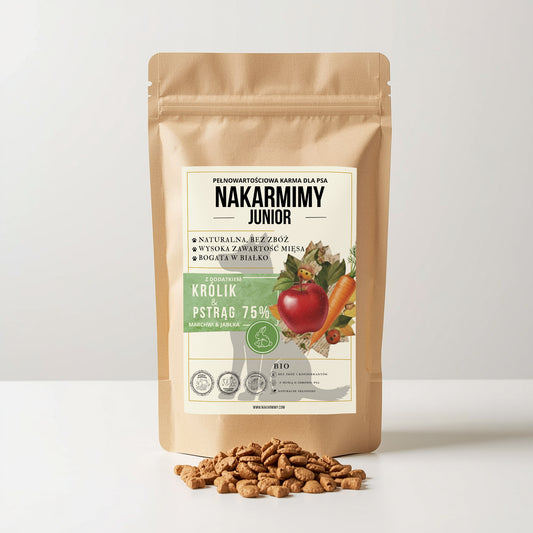 Karma sucha Pies Junior NAKARMIMY – Królik i Pstrąg 75% Jabłko i Marchew (1–4.5 kg)