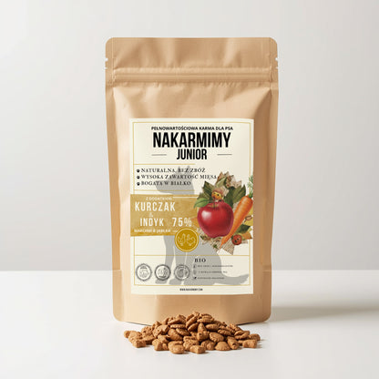 Karma sucha Pies Junior NAKARMIMY – Kurczak i Indyk 75% Jabłko i Marchew