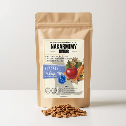 Karma sucha Pies Junior NAKARMIMY – Kurczak i Pstrąg 75% Jabłko i Marchew
