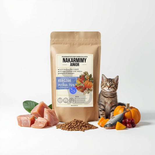 Karma sucha Kot Junior NAKARMIMY – Kurczak i Pstrąg 75% Dynia i Żurawina (1–4.5 kg)