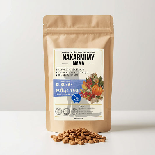 Karma sucha Pies Mama NAKARMIMY – Kurczak i Pstrąg 75% Dynia i Żurawina
