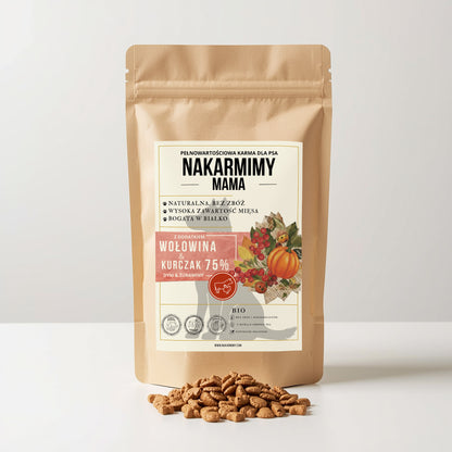 Karma sucha Pies Mama NAKARMIMY – Wołowina i Kurczak 75% Dynia i Żurawina