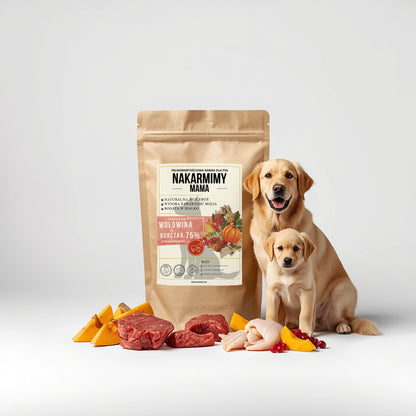 Karma sucha Pies Mama NAKARMIMY – Wołowina i Kurczak 75% Dynia i Żurawina