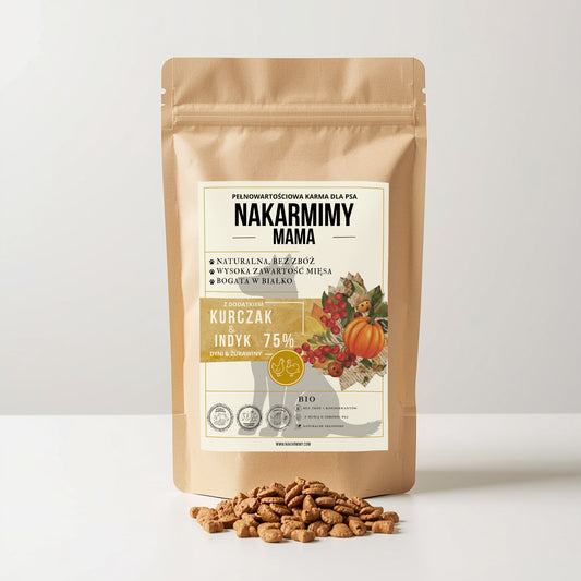 Karma sucha Pies Mama NAKARMIMY – Kurczak i Indyk 75% Dynia i Żurawina