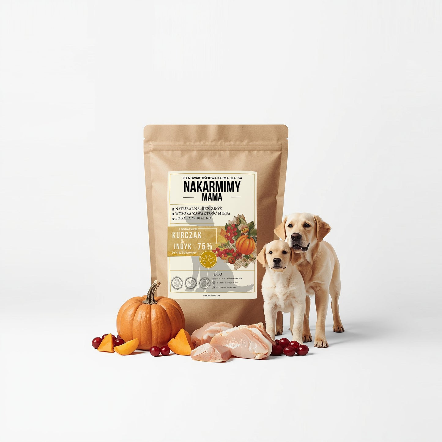 Karma sucha Pies Mama NAKARMIMY – Kurczak i Indyk 75% Dynia i Żurawina