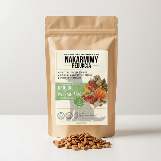 Karma sucha Pies Redukcja NAKARMIMY – Królik i Pstrąg 75% Dynia i Żurawina