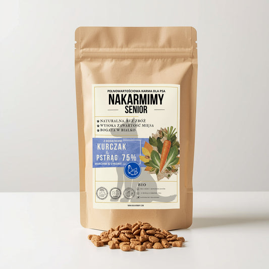 Karma sucha Pies Senior NAKARMIMY – Kurczak i Pstrąg 75% Marchew i Cykoria