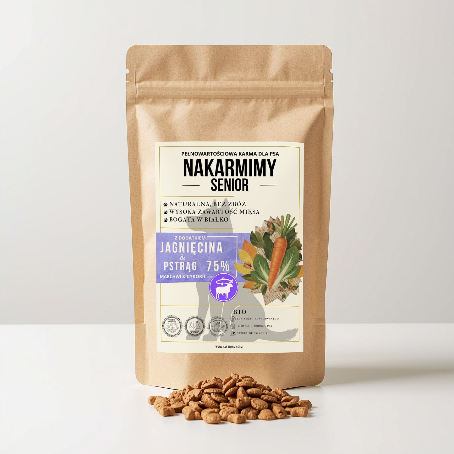 Karma sucha Pies Senior NAKARMIMY – Jagnięcina i Pstrąg 75% Marchew i Cykoria